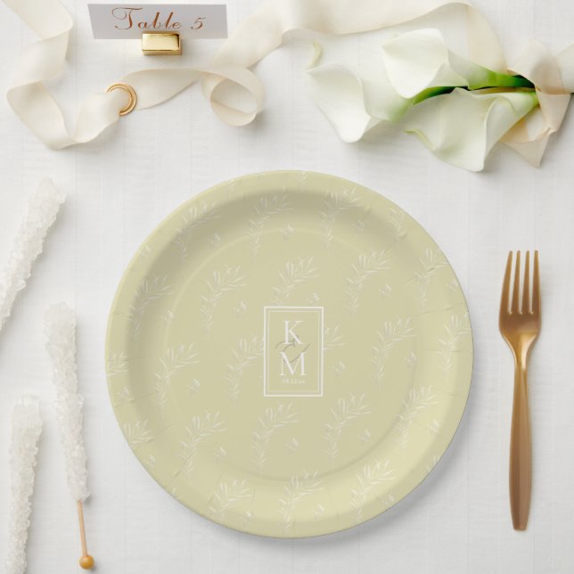 Eucalyptus Pattern Wedding Yellow ID901 Paper Plate (Wedding)