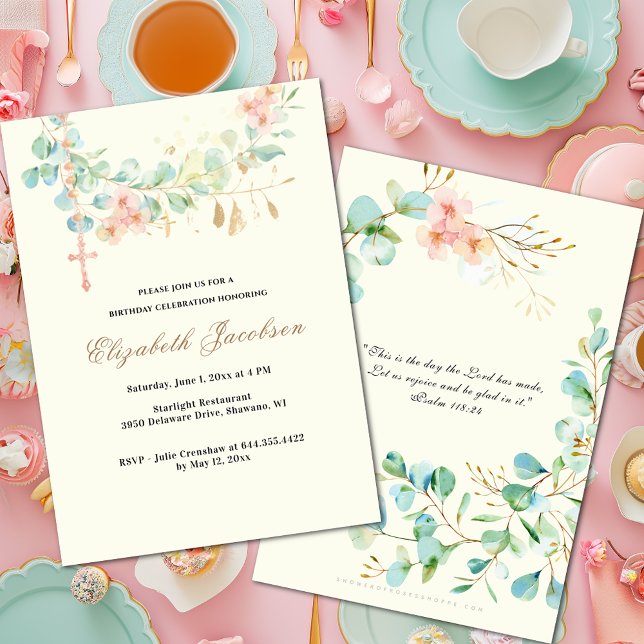 Eucalyptus Peach Birthday Religious Rosary Invitation (Creator Uploaded)