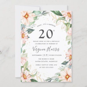 Eucalyptus Peach Floral Twenty 20th Birthday Invitation