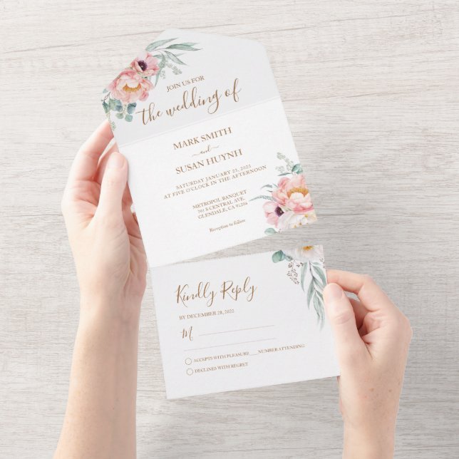 Eucalyptus Peonies All in One Wedding Invite (Tearaway)