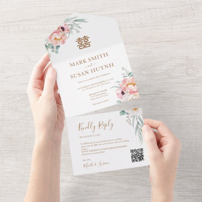 Eucalyptus Peonies Chinese Wedding All In One Invitation (Tearaway)