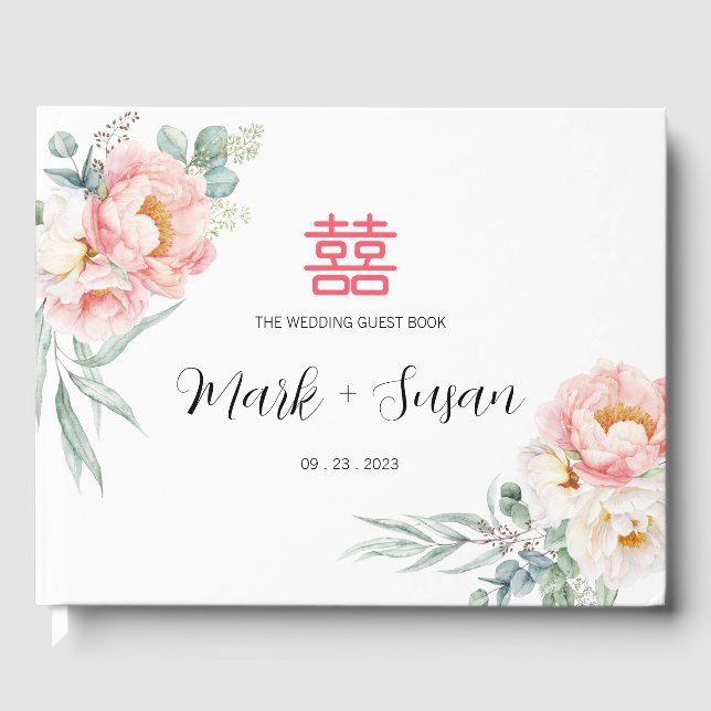 Eucalyptus Peonies Chinese Wedding Guest Book (Front)