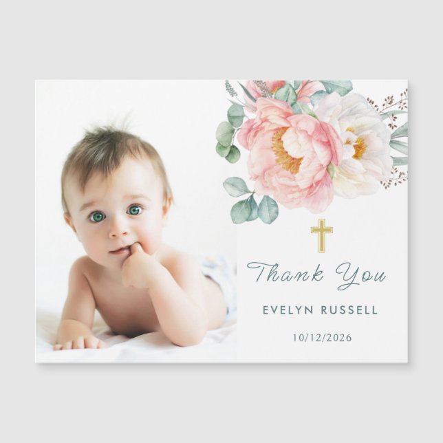 Eucalyptus Peony Baptism Photo Thank You  Magnetic (Front)