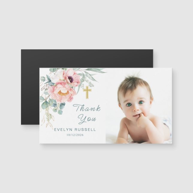 Eucalyptus Peony Baptism Photo Thank You Magnetic  (Front/Back)