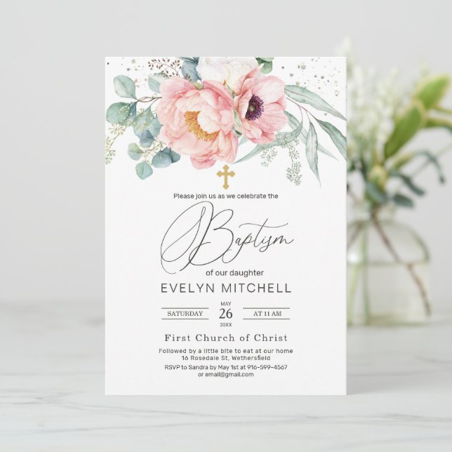 Eucalyptus Peony Poppy Flowers Cross Baptism Invitation (Standing Front)
