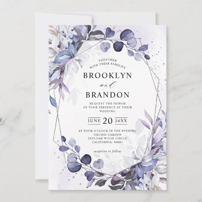 Eucalyptus Periwinkle Purple Geometric Wedding Invitation (Front)
