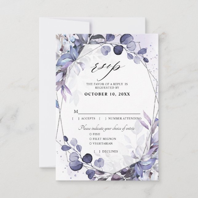 Eucalyptus Periwinkle Purple Geometric Wedding RSVP Card (Front)