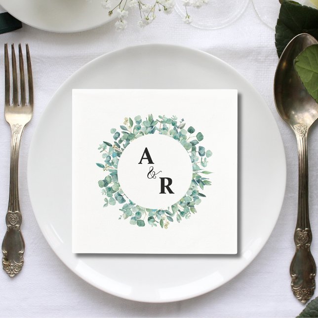 Eucalyptus Personalised Monogram Wedding Cocktail Napkin (Eucalyptus personalized monogram wedding cocktail napkins add fresh elegant charm to receptions.)