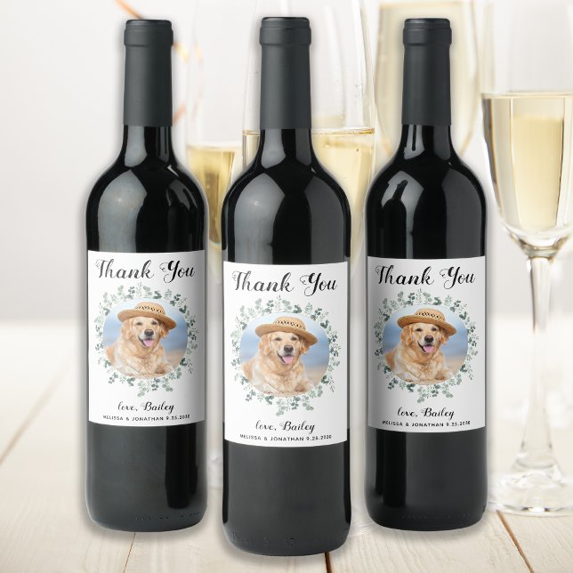 Eucalyptus Pet Photo Dog Favour Wedding Thank You Wine Label (Creator Uploaded)