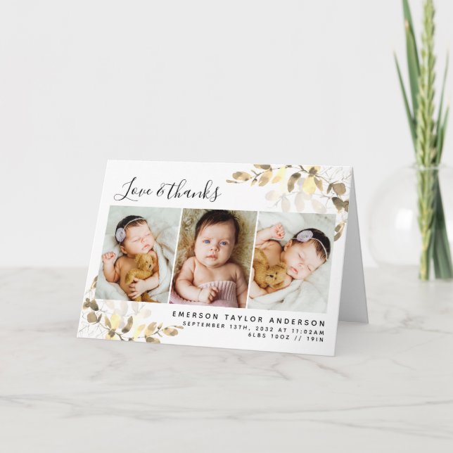 Eucalyptus Photo Baby Birth Stats Folded  Thank You Card (Front)