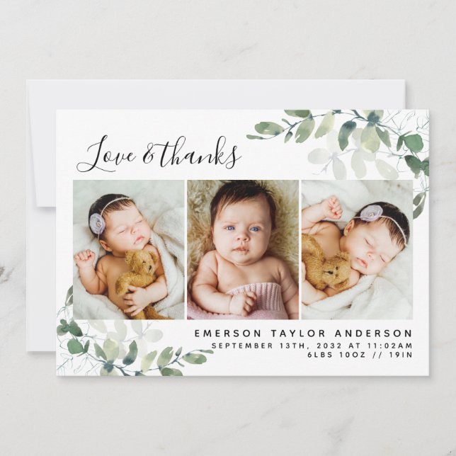 Eucalyptus Photo Baby Thank You Card (Front)