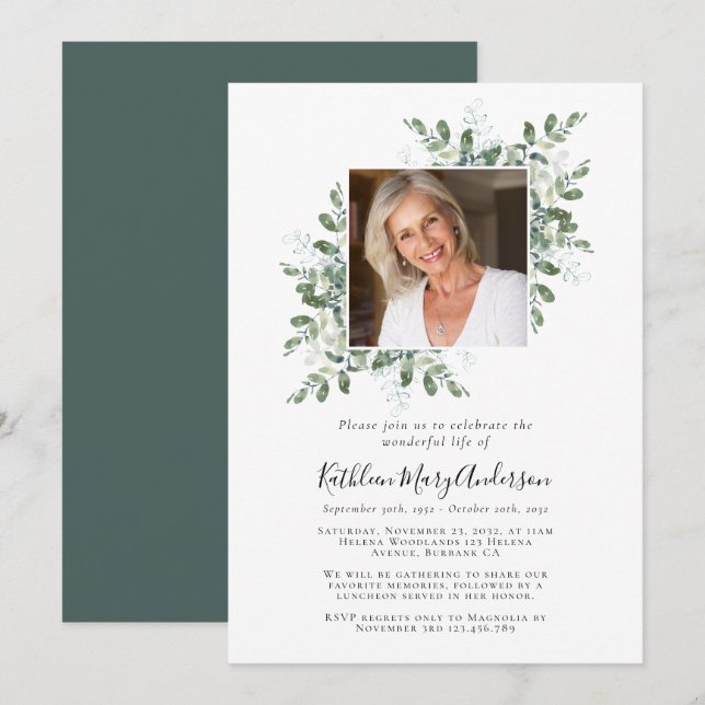 Eucalyptus Photo Celebration of Life Memorial Invitation (Front/Back)