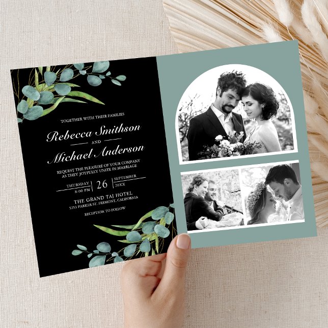 Eucalyptus Photo Collage QR Code Black Wedding Invitation (Creator Uploaded)