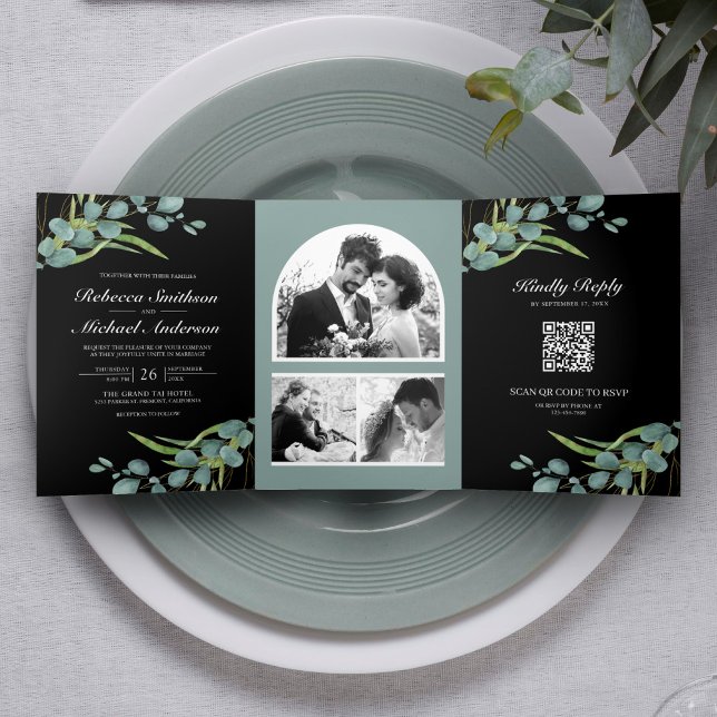 Eucalyptus Photo Collage QR Code Black Wedding Tri-Fold Invitation (Creator Uploaded)
