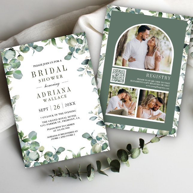 Eucalyptus Photo Collage QR Code Bridal Shower Invitation (Creator Uploaded)