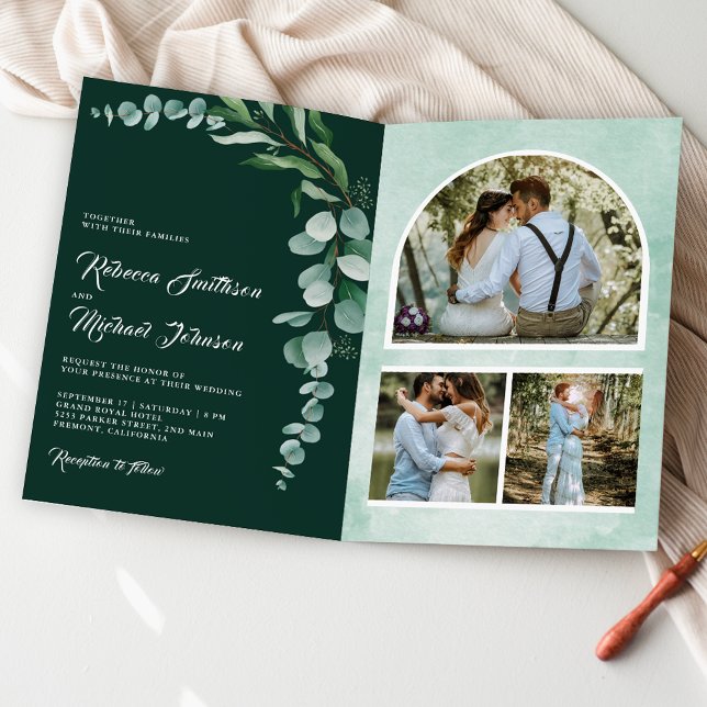 Eucalyptus Photo Collage QR Code Emerald Wedding Invitation (Creator Uploaded)