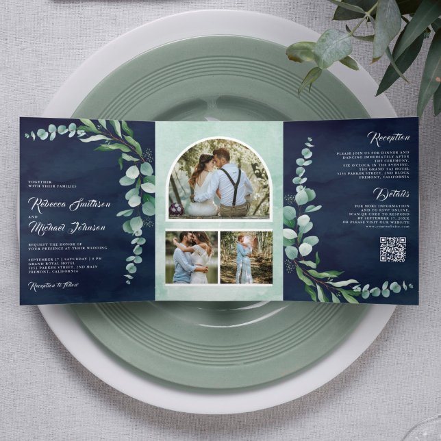 Eucalyptus Photo Collage QR Code Navy Blue Wedding Tri-Fold Invitation (Creator Uploaded)