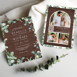 Eucalyptus Photo Collage QR Code Wood Wedding Invitation