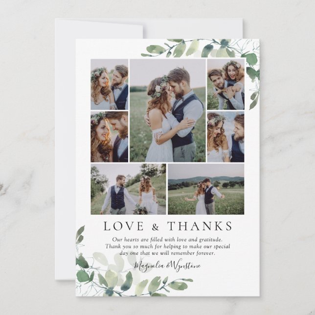 Eucalyptus Photo Collage Wedding Thank You Card (Front)