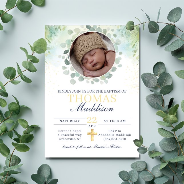 Eucalyptus Photo Cross Watercolor Baptism Invitation (Creator Uploaded)