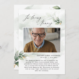 Eucalyptus photo elegant in loving memory funeral invitation