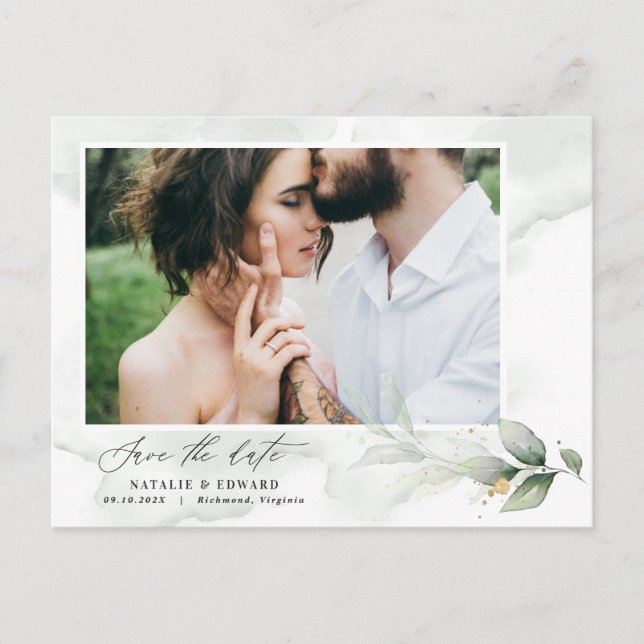Eucalyptus photo elegant wedding save the date announcement postcard (Front)