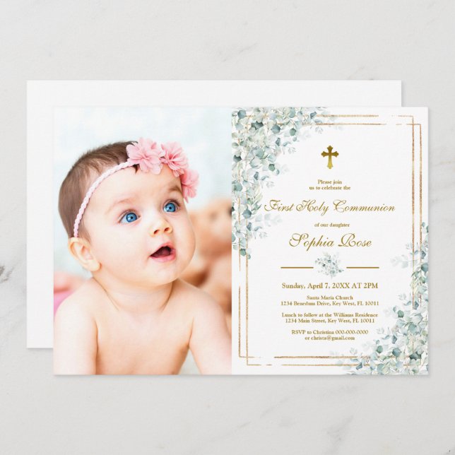 Eucalyptus Photo First Holy Communion Invitation (Front/Back)