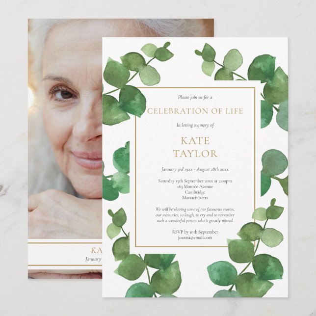 Eucalyptus Photo Funeral Celebration of Life Invitation (Front/Back)