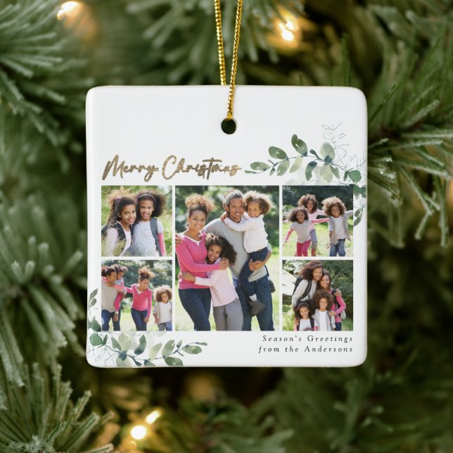 Eucalyptus Photo Gold Foil Merry Christmas  Ceramic Ornament (Tree)