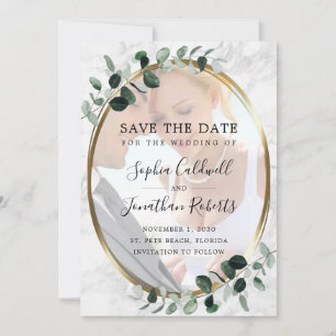 Eucalyptus Photo Gold Frame Marble Wedding Save The Date