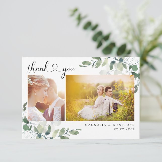 Eucalyptus Photo Heart Modern Wedding  Thank You Card (Standing Front)