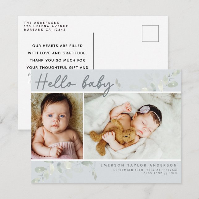 Eucalyptus Photo Hello Baby Announcement Postcard (Front/Back)