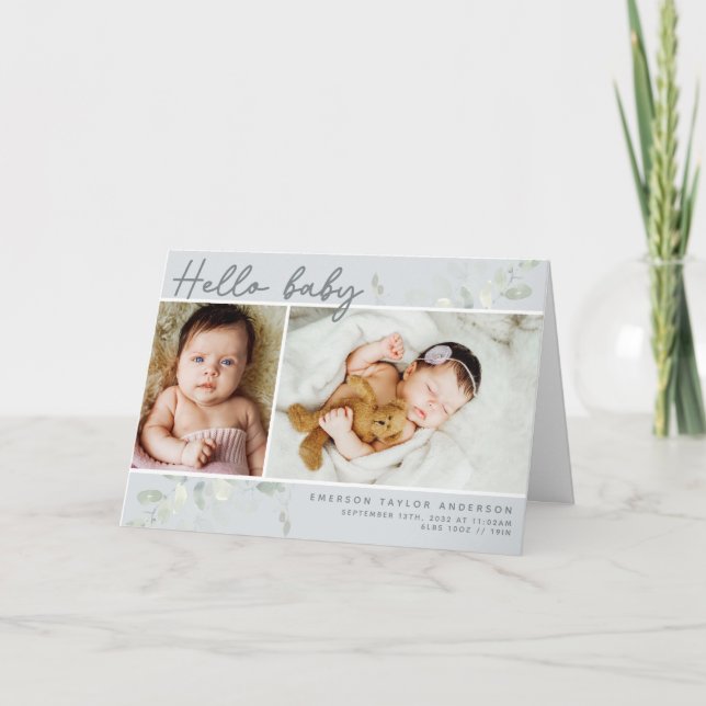 Eucalyptus Photo Hello Baby Birth Stats Folded  Thank You Card (Front)