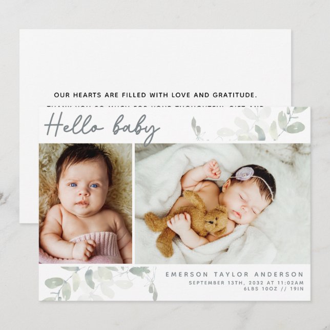 Eucalyptus Photo Hello Baby  Thank You Card (Front/Back)