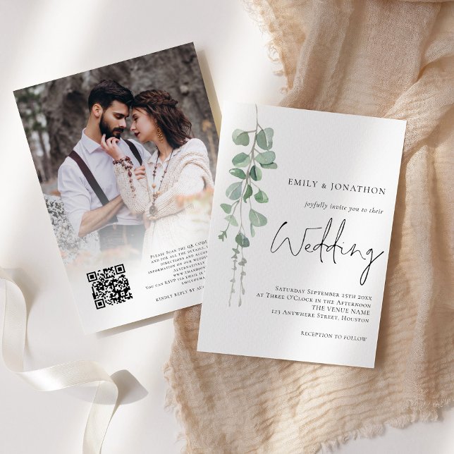 Eucalyptus Photo Overlay QR Code Script Wedding Invitation (Creator Uploaded)
