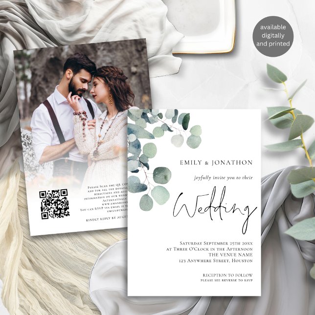 Eucalyptus Photo Overlay Script QR Code Wedding Invitation (Front and back view)