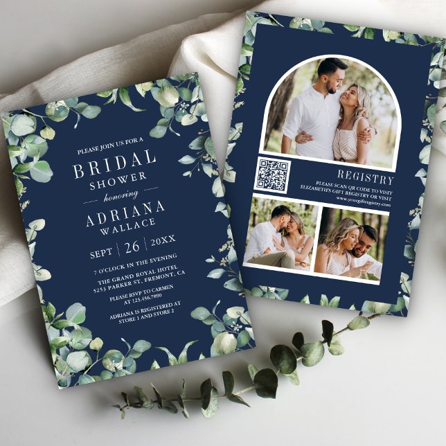Eucalyptus Photo QR Code Navy Blue Bridal Shower Invitation (Creator Uploaded)