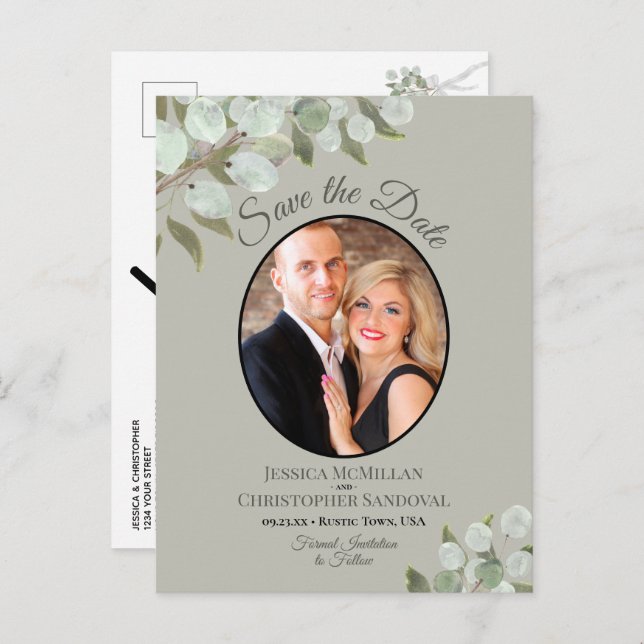 Eucalyptus & Photo Sage Wedding Save the Date Announcement Postcard (Front/Back)