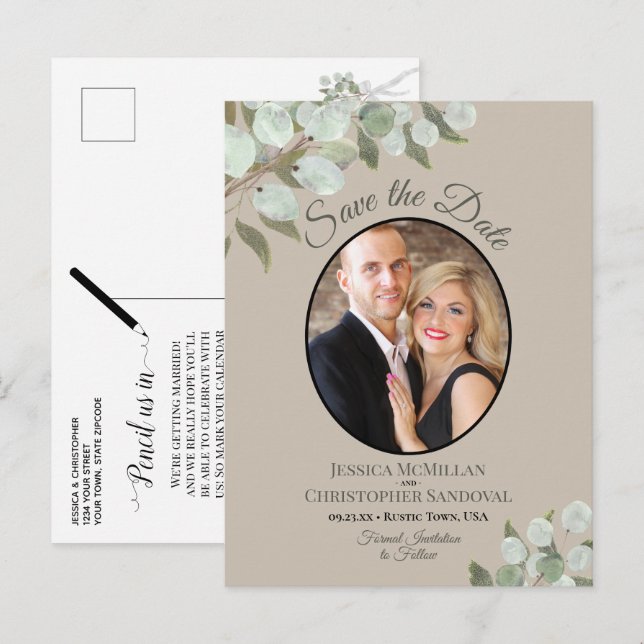 Eucalyptus & Photo Tan Wedding Save the Date Announcement Postcard (Front/Back)