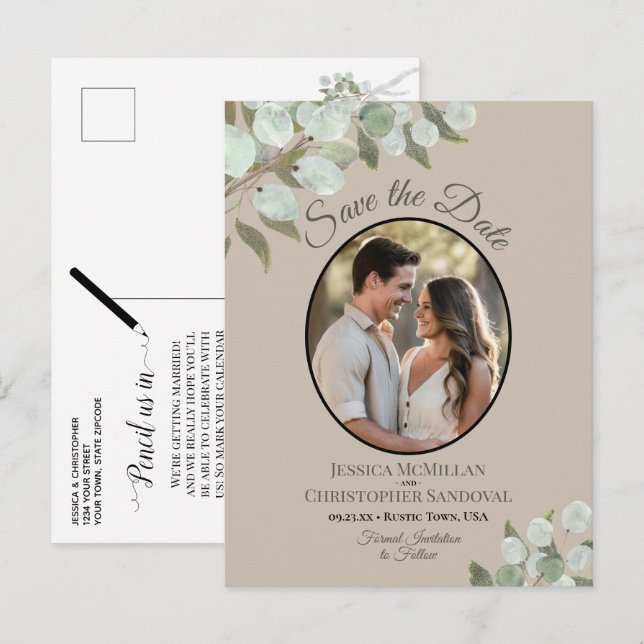 Eucalyptus & Photo Tan Wedding Save the Date Announcement Postcard (Front/Back)