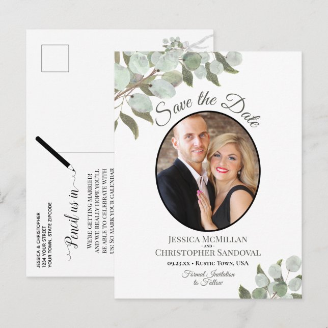 Eucalyptus & Photo White Wedding Save the Date Announcement Postcard (Front/Back)
