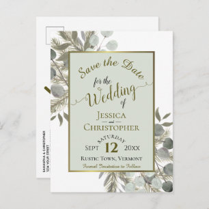 Eucalyptus & Pine Sage Green Wedding Save the Date Announcement Postcard