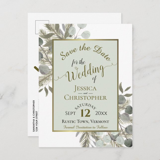 Eucalyptus & Pine Sage Green Wedding Save the Date Announcement Postcard (Front/Back)