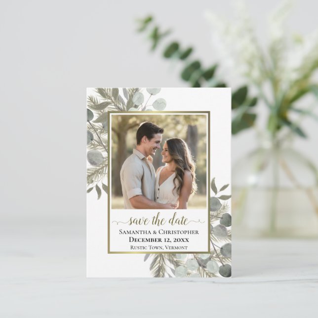 Eucalyptus & Pine Wedding Save the Date Photo Announcement Postcard (Standing Front)
