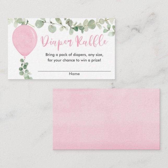 Eucalyptus pink balloon baby shower diaper raffle enclosure card (Front/Back)