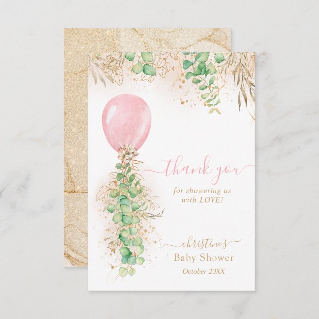 Eucalyptus Pink Balloon Baby Shower Thank You Card (Front/Back)