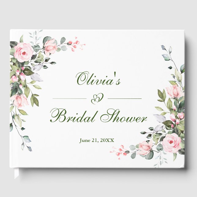 Eucalyptus  Pink Blush Roses Bridal Shower Guest Book (Front)