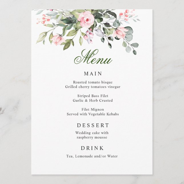 Eucalyptus Pink Blush Roses Wedding Dinner Menu (Front)