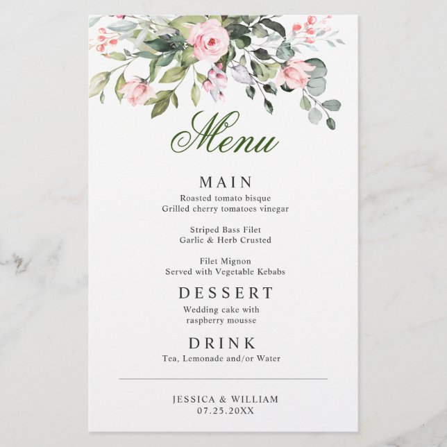 Eucalyptus Pink Blush Roses Wedding Dinner Menu (Front)
