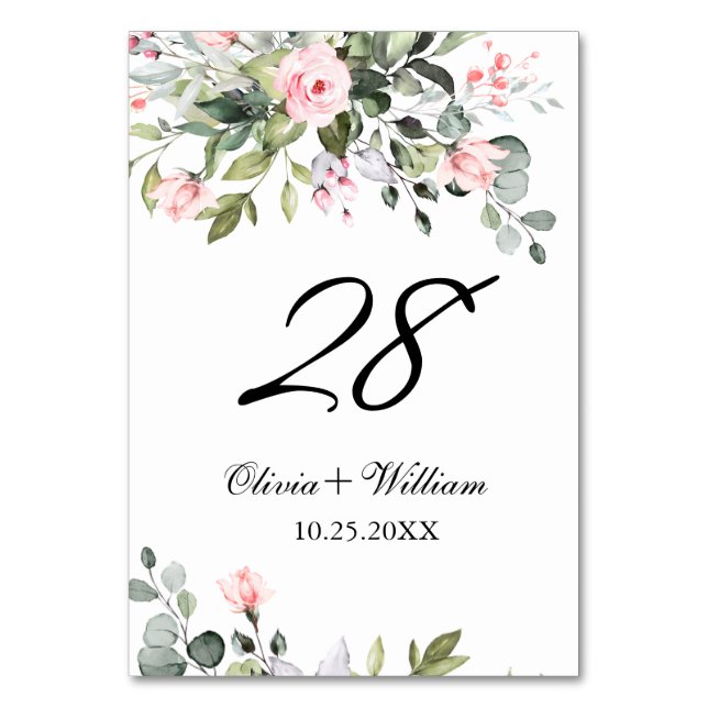 Eucalyptus Pink Blush Roses Wedding Table Number (Front)